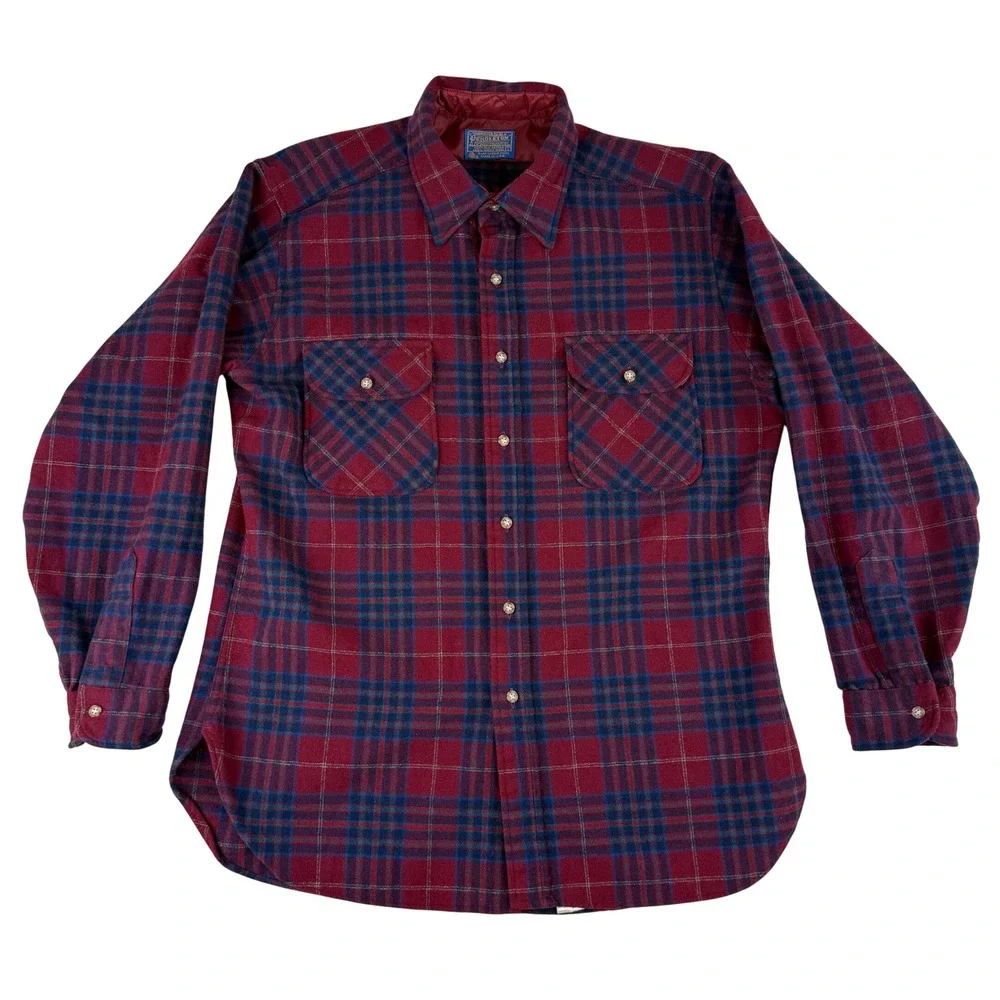 Pendleton Board Shirt Mens Large Burgundy Blue Plaid Wool Flannel Vintage